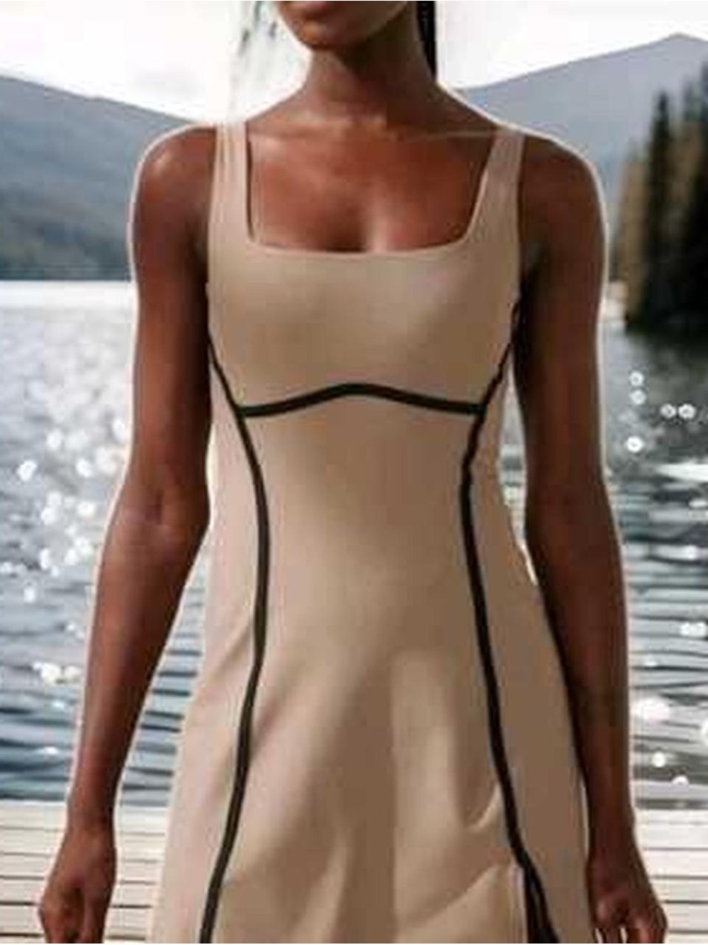 A&F YPB Taupe Women's Sleeveless Shift Dress with Black Piping
